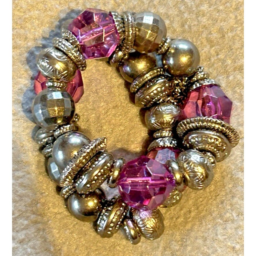 Chunky Stretch Bracelets Dark Silver Tone Purple Plastic Beads 1 1/2" W x 2" U
